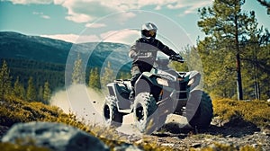 ATV rider rides at mountains. He travels on quad cycle. ATV rider stands still while riding. Extreme tourism by quad