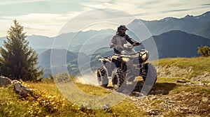 ATV rider rides at mountains. He travels on quad cycle. ATV rider stands still while riding. Extreme tourism by quad