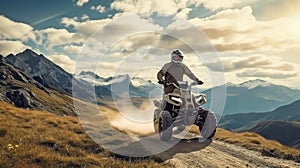 ATV rider rides at mountains. He travels on quad cycle. ATV rider stands still while riding. Extreme tourism by quad