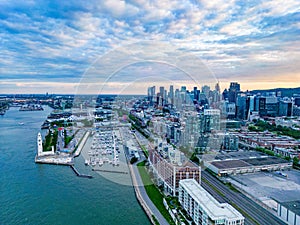 Aerial drone shot of St. Lawrence River scenery and beautiful buildings. photo