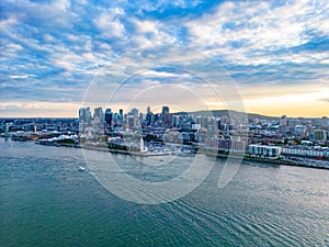 Aerial drone shot of St. Lawrence River scenery and beautiful buildings. photo