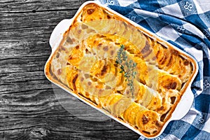 Au Gratin Dauphinois, Potatoes baked in a baking dish, close-up