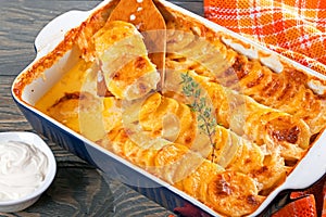 Au Gratin Dauphinois, Potatoes baked in a baking dish, close-up