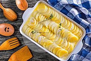 Au Gratin Dauphinois, Potatoes prepared for roasting in a pan