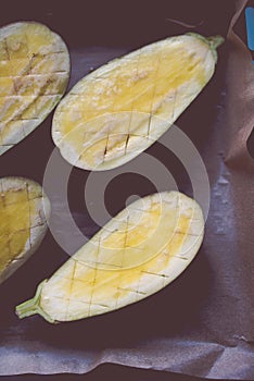 Aubergines prepared for baking