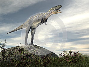 Aucasaurus dinosaur on a rock - 3D render
