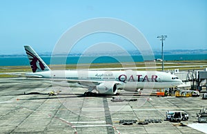 Qatar Airways plane on tarmac at the Auckland International Airport