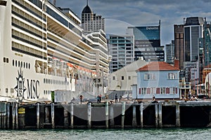 MSC Magnifica cruise ship docked in Auckland Downtown ferry terminal and wharf