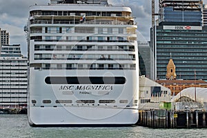 MSC Magnifica cruise ship docked in Auckland Downtown ferry terminal and wharf