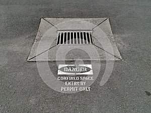 AUCKLAND, NEW ZEALAND - Oct 02, 2020: View of street rainwater drain with Danger Confined Space Entry By Permit Only sign