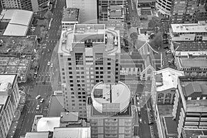 AUCKLAND, NZ - AUGUST 26, 2018: Aerial city view from Sky Tower. Auckland skyline at sunset