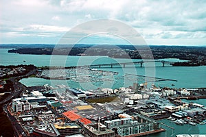 Auckland Sky Tower city & harbour aerial panorama in New Zealand.