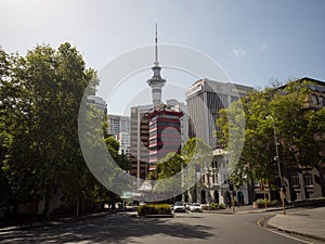 Auckland Sky Tower seen from Wellesley Street East near Albert Park Art Gallery and Central Library New Zealand Aotearoa