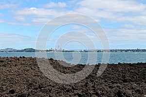 Auckland view from Rangitoto island with volcanic stones