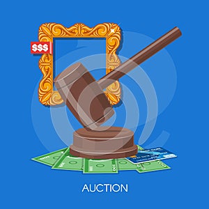 Auction and bidding concept vector illustration in flat style design. Selling arts