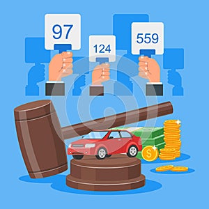 Auction and bidding concept vector illustration in flat style design. Selling car