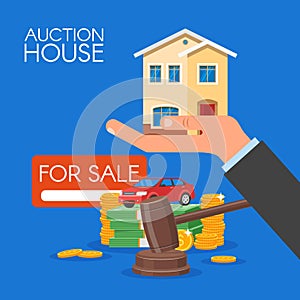 Auction and bidding concept vector illustration in flat style design. Selling house