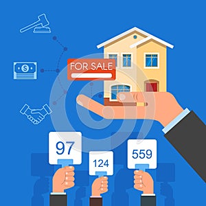 Auction and bidding concept vector illustration in flat style design. Selling house