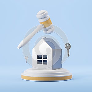 Auction gavel with house keys on blue background, apartment sale