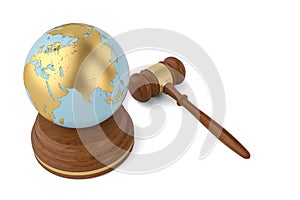 Auction hammer with gold globe on white background.3D illustration.