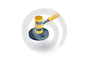 Auction hammer, law and justice symbol, verdict isometric flat icon. 3d vector photo