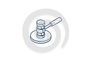 auction hammer, law and justice symbol, verdict isometric icon. 3d line art technical drawing. Editable stroke vector