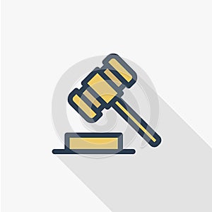 Auction hammer, law and justice symbol, verdict thin line flat color icon. Linear vector symbol. Colorful long shadow photo