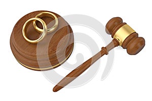 Auction hammer with two gold rings on white background.3D illustration.