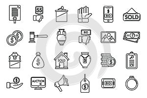 Auction icons set outline vector. Online charity