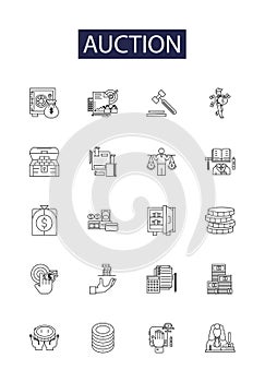 Auction line vector icons and signs. Bid, Bidding, Selling, Buyer, Seller, Reserve, Allocate, Appraise outline vector photo