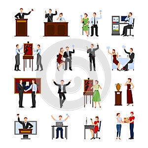 Auction People Flat Icons Set