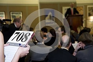 An auction room during a live auction.