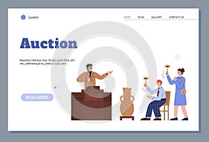 Auction sale web page with auctioneer and bidder, flat vector illustration.