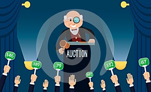 Auctioneer and Bidding. Vector Flat Illustration.