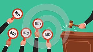 Auctioneer hold gavel in hand. Buyers raising arm holding bid paddles with numbers of price. Auction bidding vector photo