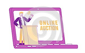 Auctioneer Male Character Holding Wooden Gavel Stand at Tribune on Screen of Laptop Conducting Online Auction