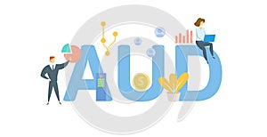 AUD, Australian Dollar currency designation. Concept with keywords, people and icons. Flat vector illustration. Isolated