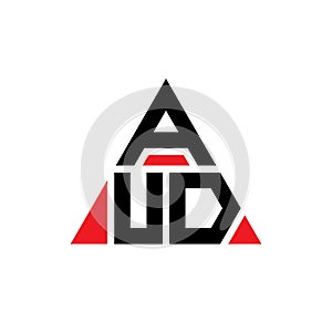 AUD triangle letter logo design with triangle shape. AUD triangle logo design monogram. AUD triangle vector logo template with red