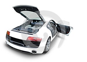 Audi R8 sports car with open engine and door photo