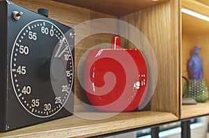 Audible analog darkroom timers used as retro decoration. Vintage concept, selective Focus.