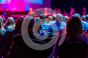 Audience attentively listening at a colorful event