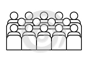 Audience, auditorium with sit people spectator back, line icon. Business training, conference, education people mass