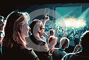 Audience at live concert. Woodcut style illustration of a large crowd of young people