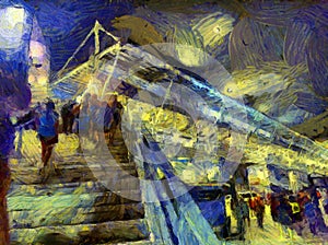 The audience at the stairs of the stadium Illustrations creates an impressionist style of painting