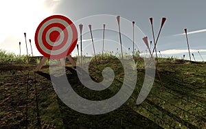 Missed arrows around a red target on field . photo