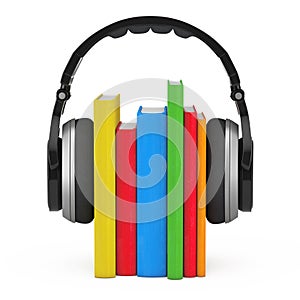 Audio Book Concept. Black Wireless Headphones with Books. 3d Rendering