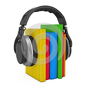 Audio Book Concept. Black Wireless Headphones with Books. 3d Rendering