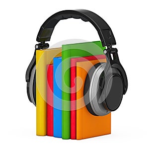 Audio Book Concept. Black Wireless Headphones with Books. 3d Rendering