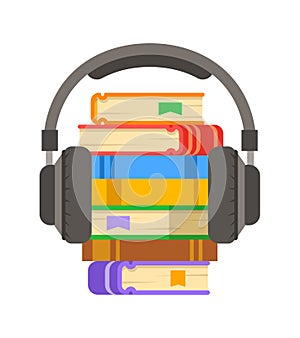 Audio book and headphones vector flat illustration