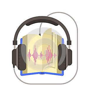 Audio book and headphones vector flat illustration